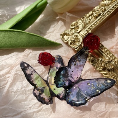 Fantasy dark gold foil glitter red rose mysterious gradient blue green butterfly long beautiful women earrings earclips