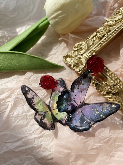 Fantasy Dark Gold Foil Glitter Red Rose Mysterious Gradient Blue Green Butterfly Long Beautiful Women Earrings Earclips