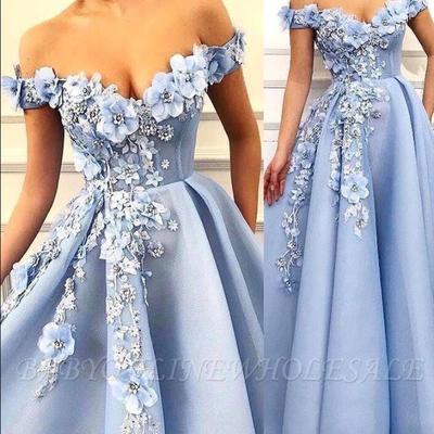 Sky blue off the shoulder lace a line prom dresses 3d lace applique floral beaded sweep train formal party evening gowns