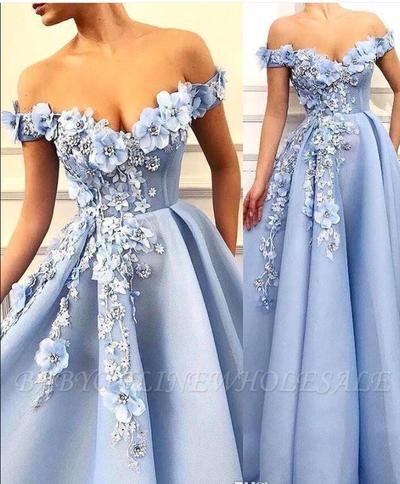 Sky Blue Off The Shoulder Lace A Line Prom Dresses 3D Lace Applique Floral Beaded Sweep Train Formal Party Evening Gowns