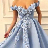 Sky Blue Off The Shoulder Lace A Line Prom Dresses 3D Lace Applique Floral Beaded Sweep Train Formal Party Evening Gowns - Thumbnail 1