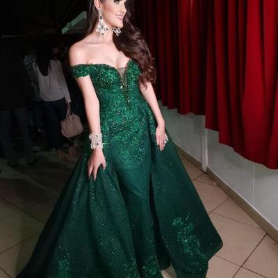  dark green evening dresses with detachable train off shoulder lace appliqued sequins prom dress party wear custom made red carpet gowns