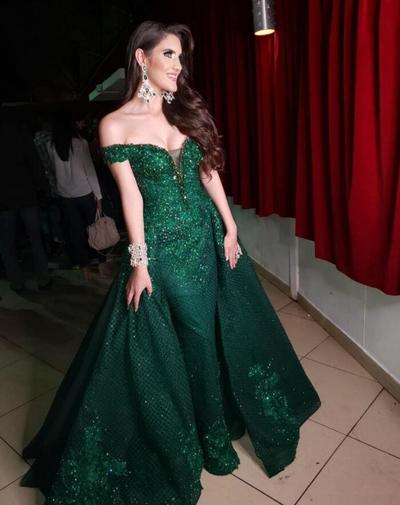  Dark Green Evening Dresses With Detachable Train Off Shoulder Lace Appliqued Sequins Prom Dress Party Wear Custom Made Red Carpet Gowns
