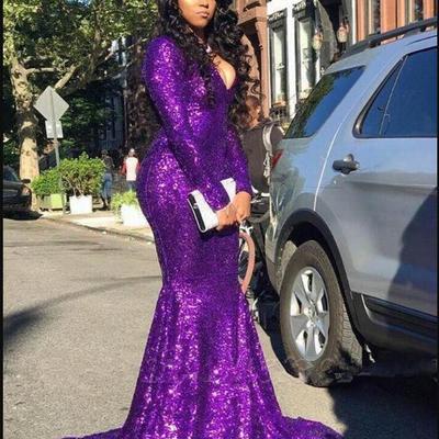 Purple v neck sequins mermaid long prom dresses sparkling long sleeves ruched formal celebrity evening party gowns plus size 