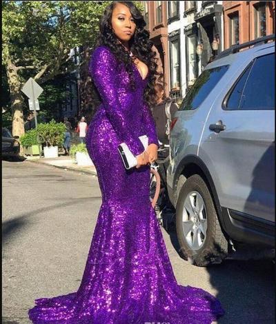 Purple V Neck Sequins Mermaid Long Prom Dresses Sparkling Long Sleeves Ruched Formal Celebrity Evening Party Gowns Plus Size 