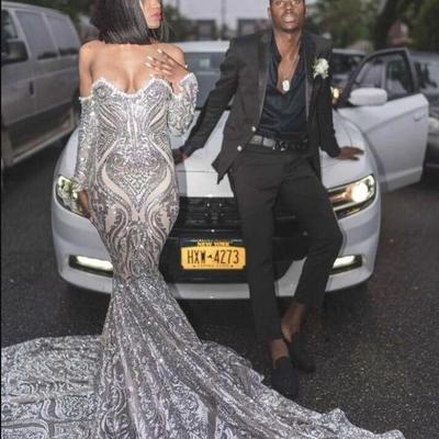 Elegant off the shoulder sequins mermaid long prom dresses long sleeves ruched sweep train formal party evening gowns