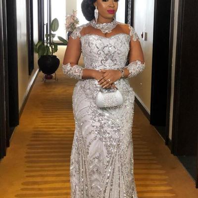 Silver lace beaded wedding dresses sheer neck wedding dresses mermaid bridal gowns