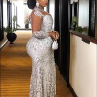 Silver Lace Beaded Wedding Dresses Sheer Neck Wedding Dresses Mermaid Bridal Gowns - Thumbnail 1