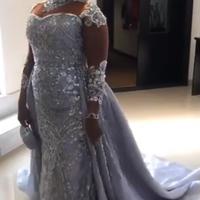 Silver Lace Beaded Wedding Dresses Sheer Neck Wedding Dresses Mermaid Bridal Gowns - Thumbnail 3