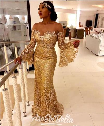Gold Mermaid Sexy Evening Dresses Sheer Neck Long Sleeves Sequined Prom Dresses Cheap Formal Party Gowns 