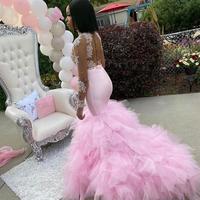 Pink Lace Beaded Evening Dresses Mermaid Sexy Prom Dresses Backless Formal Party Second Reception Gowns - Thumbnail 2