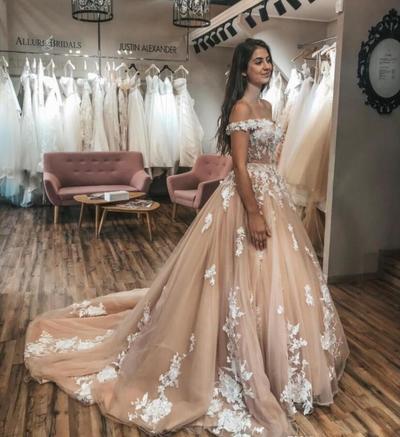 Off Shoulder Champagne Tulle Wedding Dresses With White Appliques Boho Beach Sexy Bridal Dresses Wedding Gowns vestido de novia