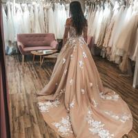 Off Shoulder Champagne Tulle Wedding Dresses With White Appliques Boho Beach Sexy Bridal Dresses Wedding Gowns vestido de novia - Thumbnail 1