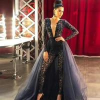 Women Jumpsuits Black Lace Prom Dresses with Detachable Train Sheer Long Sleeves Sequined Formal Evening Gowns Deep V Neck Sexy Pants Suits - Thumbnail 1