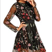 Women's Floral Embroidered Mesh Short Homecoming Dresses Sheer Long Sleeves Cocktail Party Dress Cheap Mini Little 8th Graduation Prom Dress - Thumbnail 1