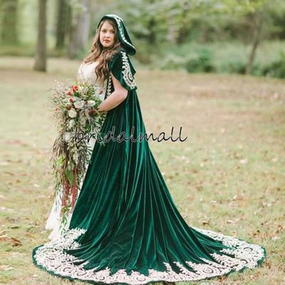 Winter dark green velvet wedding cloak with hood lace appliques long bridal cape bolero wrap wedding accessories