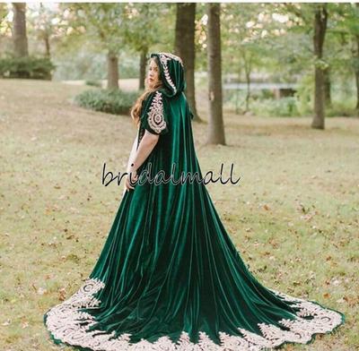 Winter Dark Green Velvet Wedding Cloak With Hood Lace Appliques Long Bridal Cape Bolero Wrap Wedding Accessories