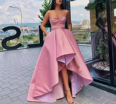 Dusty Pink Satin High Low Prom Dresses Strapless Ruffles Skirts Formal Party Gowns Cheap 8th Graduation Gowns Short Homecoming Dress