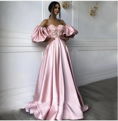 Pink Sweetheart Neck caftan Evening Dresses Flowers Full Sleeve Arabic Special Occasion Dress Evening Party Gowns