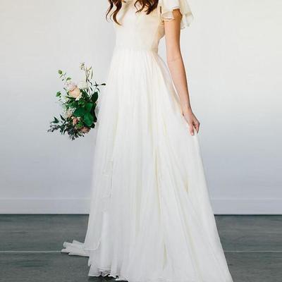 A line chiffon beach wedding dresses with short sleeves - Thumbnail 2
