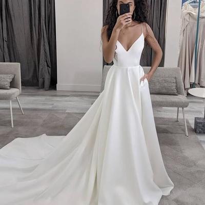 Fashion straps mermaid v neck satin prom dresses with pockets - Thumbnail 4