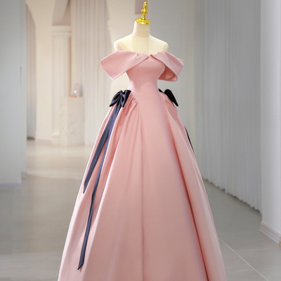 Pink satin long prom dress, off shoulder evening dress - Thumbnail 1