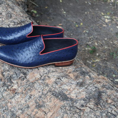 Handmade men genuine leather ostrich loafers blue dress shoes  - Thumbnail 5