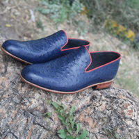 Handmade Men Genuine Leather Ostrich Loafers Blue Dress Shoes  - Thumbnail 1
