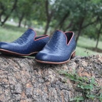 Handmade Men Genuine Leather Ostrich Loafers Blue Dress Shoes  - Thumbnail 2