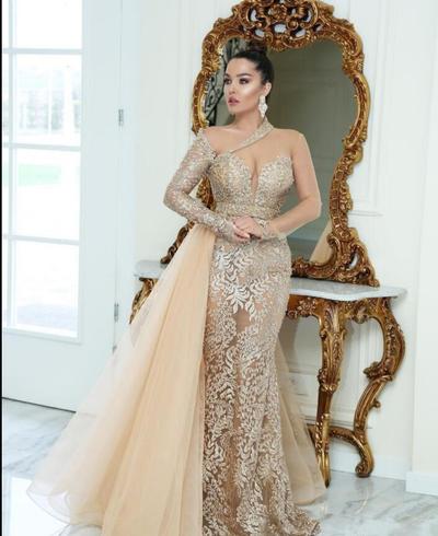 Champagne Arabic One Shoulder Lace Mermaid Evening Dresses Overkirsts Illusion Long Sleeve Prom Gowns 