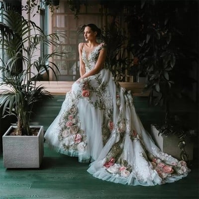 Fairy Floral Lace A Line Wedding Dresses For Brides Romantic 3D Flowers Sheer Neck Boho Garden Bridal Gowns Sexy Open Back Cap Sleeve