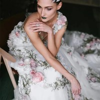 Fairy Floral Lace A Line Wedding Dresses For Brides Romantic 3D Flowers Sheer Neck Boho Garden Bridal Gowns Sexy Open Back Cap Sleeve - Thumbnail 1