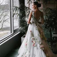 Fairy Floral Lace A Line Wedding Dresses For Brides Romantic 3D Flowers Sheer Neck Boho Garden Bridal Gowns Sexy Open Back Cap Sleeve - Thumbnail 3