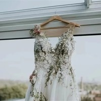 Fairy Floral Lace A Line Wedding Dresses For Brides Romantic 3D Flowers Sheer Neck Boho Garden Bridal Gowns Sexy Open Back Cap Sleeve - Thumbnail 2