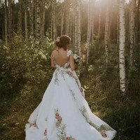 Fairy Floral Lace A Line Wedding Dresses For Brides Romantic 3D Flowers Sheer Neck Boho Garden Bridal Gowns Sexy Open Back Cap Sleeve - Thumbnail 4