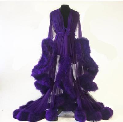 new purple feather women winter sexy kimono pregnant party sleepwear women bathrobe sheer nightgown robe shawel