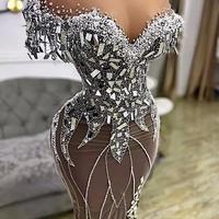 Plus Size Arabic Beading Mermaid Split Prom Dresses Sheer Neck Short Sleeve Evening Formal Party Second Reception Gowns - Thumbnail 1