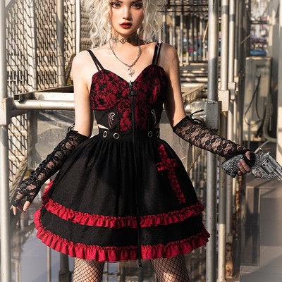 Black velvet devil angel gothic fashion goth girl strap lace gothic dress vest sleeves set - Thumbnail 3