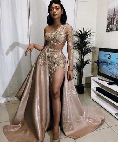 Side Split Prom Dresses Sexy Arabic Gold Lace Beaded Long Sleeve Evening Wear Party Gown Robe De Soiree