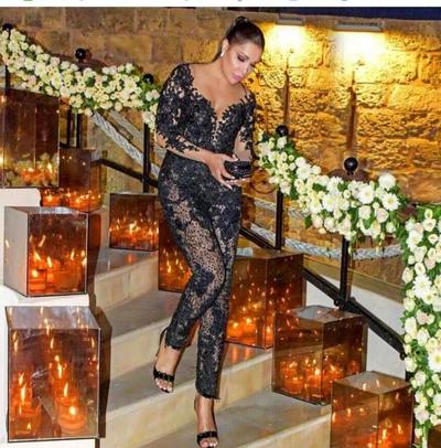 Sexy Black Jumpsuit Prom Dresses Sheer Neck Long Sleeves Beaded Lace Applique Evening Gowns Floor Length Dress Party Wear For Women