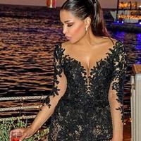 Sexy Black Jumpsuit Prom Dresses Sheer Neck Long Sleeves Beaded Lace Applique Evening Gowns Floor Length Dress Party Wear For Women - Thumbnail 1