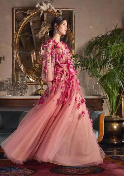  Prom Dresses With 3D Floral Flowers Long Sleeves V Neckline Custom Made Evening Gowns Party Dress Floor Length