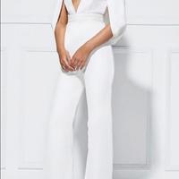 White Jumpsuits Evening Dresses With Wrap Deep V Neck Sexy Women Formal Dresses Floor Length Prom Party Gowns Custom Made - Thumbnail 1