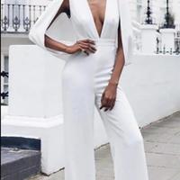 White Jumpsuits Evening Dresses With Wrap Deep V Neck Sexy Women Formal Dresses Floor Length Prom Party Gowns Custom Made - Thumbnail 2