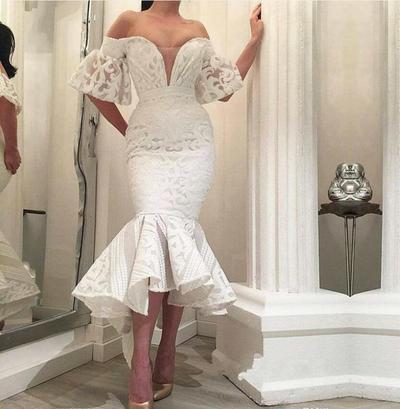 Gorgeous White Lace Wedding Dresses Mermaid Wedding Dress Off Shoulder Tea Length Noble Close fitting Bridal Gowns