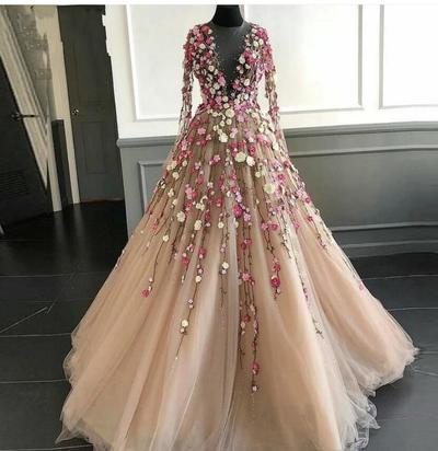 Fairy 3D Floral Flowers Prom Dresses Long Sheer Neckline Handmade Flowers Tulle Long Sleeves Chic Evening Dress Tulle Princess Party Gown