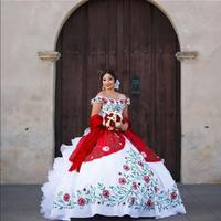 Elegant Off The Shoulder Lace Wedding Dresses Satin Embroidery Beaded Layered RufflesBall Gowns Sweep Train Bridal Dresses - Thumbnail 2