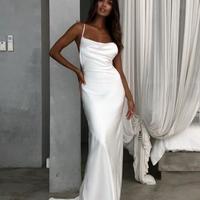White Spaghetti Straps Satin Mermaid Long Wedding Dresses Ruched Boho Beach Bridal Gowns  - Thumbnail 1