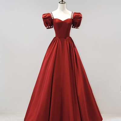 Burgundy satin beaded long prom dress, a-line short sleeve evening dress
