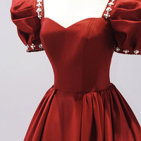 Burgundy Satin Beaded Long Prom Dress, A-Line Short Sleeve Evening Dress - Thumbnail 2